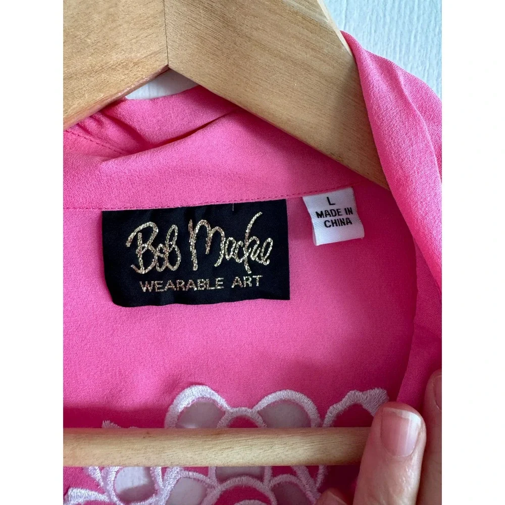Bob Mackie Wearable Art VINTAGE 90s button down bubblegum 100% silk embroidery L - Picture 5 of 14